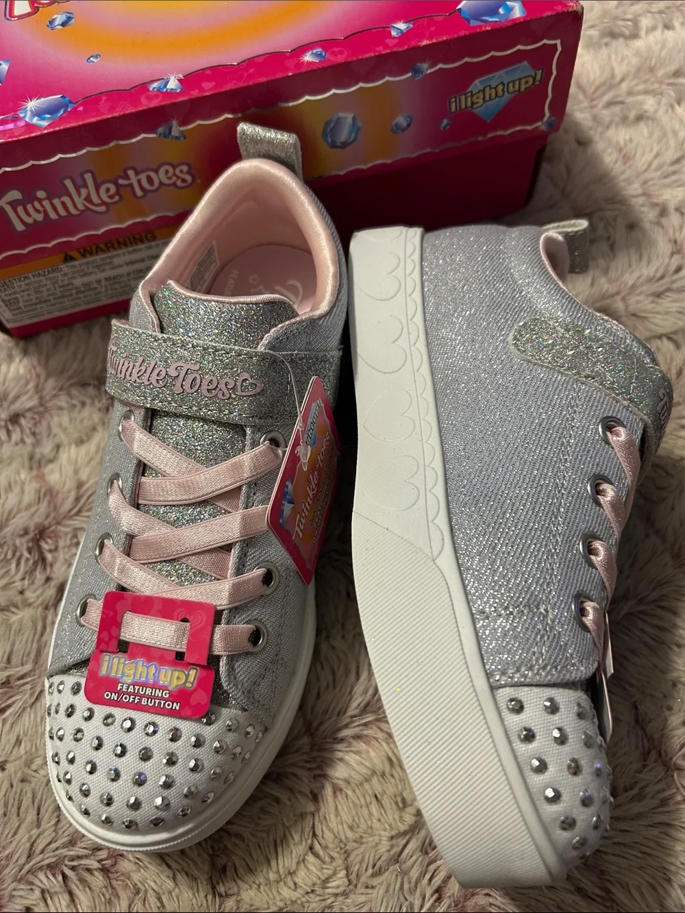 Skechers Twinkle Toes Light  Up Silver Glitter Sneakers  size 2.5